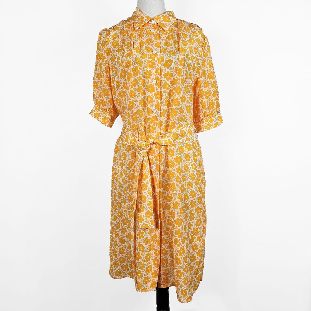 Love Moschino Size 6 Silk Floral Yellow Belted and Collar Midi Dress
